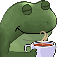 a green frog is holding a cup of tea and smiling