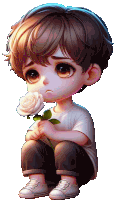 a little boy is holding a white rose and looking sad