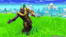 thanos is running through a grassy field in fortnite .