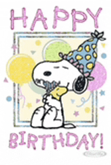 snoopy is wearing a party hat and holding balloons on a birthday card .