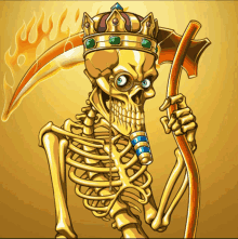 a skeleton with a crown and a scythe