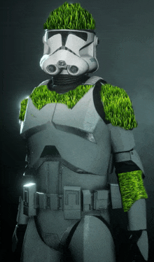 a storm trooper with grass on his helmet and shoulder pads