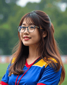 a girl wearing glasses and a blue and yellow shirt smiles