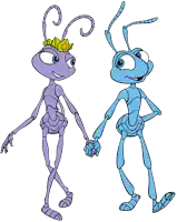 a couple of cartoon ants holding hands with one wearing a flower crown