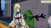 a girl with green hair is standing in front of a wall with a drawing of a tree and the name # 3dkirin on it