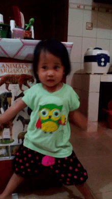 a little girl wearing a green shirt with an owl on it stands in front of a display of animals