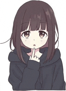 a drawing of a girl in a black hoodie with her finger on her chin .