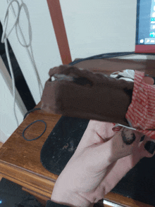 a person holding a piece of chocolate in front of a computer monitor