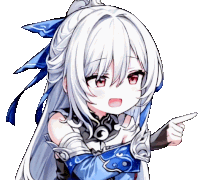 a girl with long white hair and red eyes is pointing at something