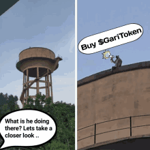 a picture of a water tower next to a picture of a monkey on top of a water tower that says buy $ garitoken