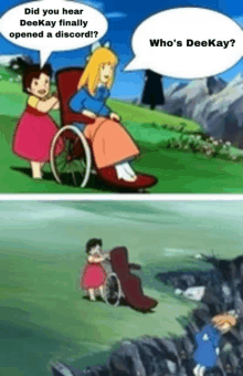 a cartoon of a girl in a wheelchair asking who 's deekay .