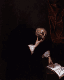 a painting of a person holding a skull and a book with skulls on it