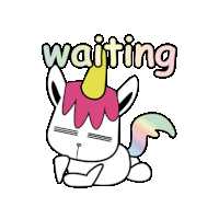 a cartoon unicorn is sitting down with the word waiting written below it .