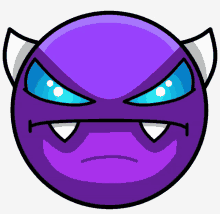 a purple circle with horns and teeth looks angry