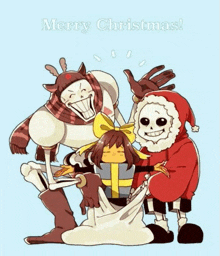 a merry christmas greeting card with three skeletons and a girl