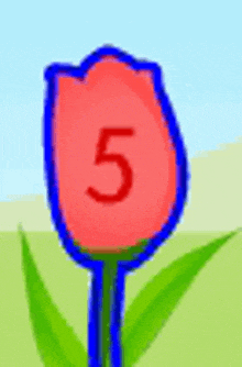 a red flower with the number 5 on it