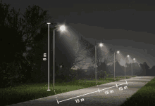 a drawing of a row of street lights with measurements of 6 m and 15 m