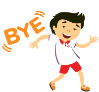 a cartoon boy with the word bye above him