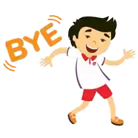 a cartoon boy with the word bye above him