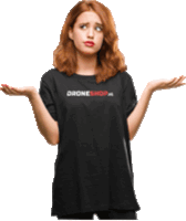 a woman wearing a black shirt that says droneshop.nl is shrugging her shoulders