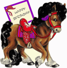 a horse with a saddle and bridle is holding a card that says happy birthday