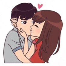 a cartoon of a man and a woman kissing with a heart above them .