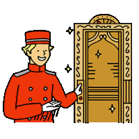 a cartoon illustration of a waiter opening a door in a hotel .