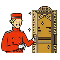 a cartoon illustration of a waiter opening a door in a hotel .