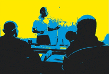 a blue and yellow drawing of people sitting around a table with a woman giving a presentation