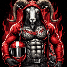 a goat wearing a red hoodie with renegades love written on his chest