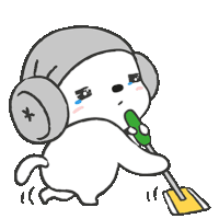 a cartoon dog wearing headphones and a mop is crying while cleaning the floor .