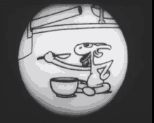 a black and white drawing of a cartoon character holding a spoon and a bowl