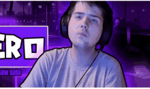 a man wearing headphones stands in front of a purple background that says ero on it