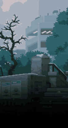 a pixel art drawing of a building with a sign that says dumpster on it