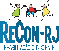 a logo for recon-rj rehabilitacao consciente with three stick figures