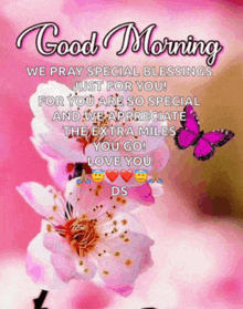 a good morning greeting card with flowers and butterflies