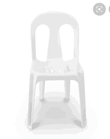 a white plastic chair with holes in the back sits on a white background