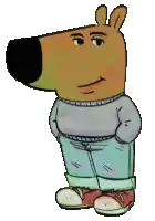 a cartoon dog wearing a sweater and jeans