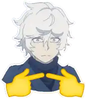 a drawing of a boy with white hair and yellow hands pointing to his face