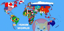 a map of the world with flags and a shiba in the foreground