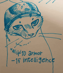 a drawing of a cat with the words 10 armor -15 intelligence