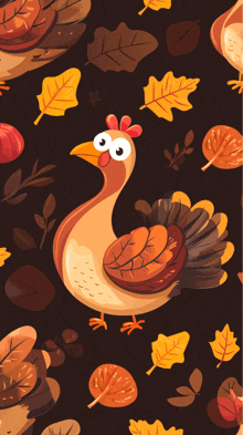 a turkey surrounded by leaves and pumpkins on a black background