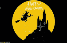 a witch is flying over a castle with the words " happy halloween " written on it