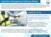 an advertisement for the inspection management software market shows a man using a tablet