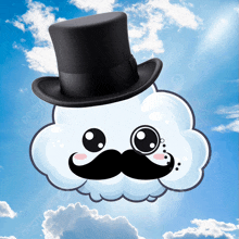 a cloud with a top hat and mustache is in the sky