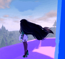 a cartoon girl with long black hair is standing on a balcony