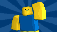 a yellow and blue roblox character with a smiling face on a blue background