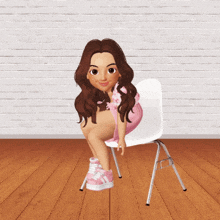 a cartoon girl sits on a chair with her legs crossed