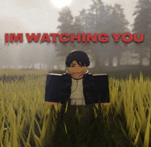 a poster that says i 'm watching you with a boy in the grass