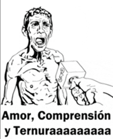 a black and white drawing of a man holding a microphone with the words amor comprehension y ternuraaaa